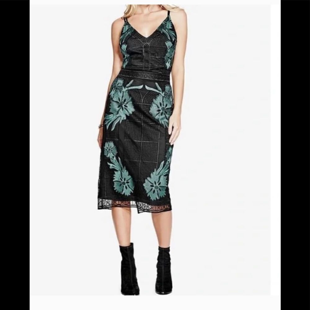 NEW GUESS Larita embroidered black emerald green mesh lace slip midi dress 2